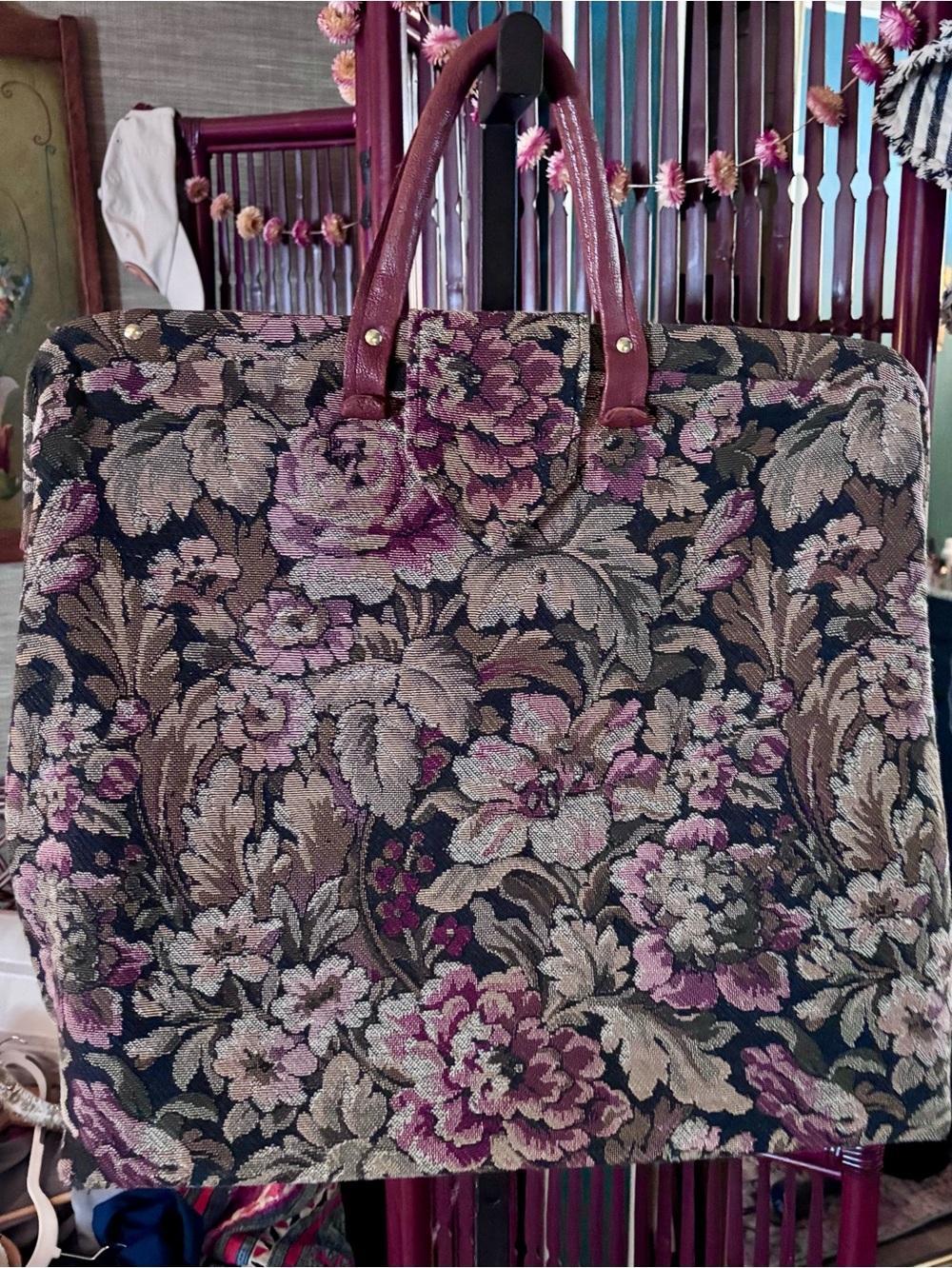Vintage Floral Tapestry/Overnight Travel Tote Bag with Leather Handles